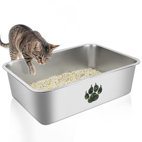 PTLOM Edelstahl Katzenklo, Große Katzentoilette aus Metall, Spritzwassergeschützt und Antihaftbeschichtet, Katzenklo XXL, Geeignet Für Große und Kleine Katzen, Kaninchen，Camo Pfote,50x35x15cm von PTLOM