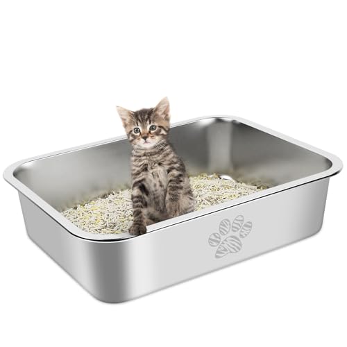 PTLOM Edelstahl Katzenklo, Große Katzentoilette aus Metall, Spritzwassergeschützt und Antihaftbeschichtet, Katzenklo XXL, Geeignet Für Große und Kleine Katzen, Kaninchen，Tabby Pfote,40x30x10cm von PTLOM