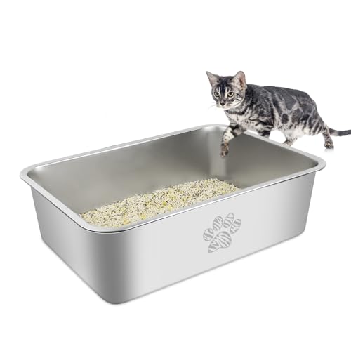 PTLOM Edelstahl Katzenklo, Große Katzentoilette aus Metall, Spritzwassergeschützt und Antihaftbeschichtet, Katzenklo XXL, Geeignet Für Große und Kleine Katzen, Kaninchen，Tabby Pfote,50x35x15cm von PTLOM