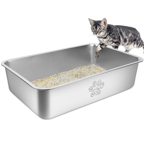 PTLOM Edelstahl Katzenklo, Große Katzentoilette aus Metall, Spritzwassergeschützt und Antihaftbeschichtet, Katzenklo XXL, Geeignet Für Große und Kleine Katzen, Kaninchen，Tabby Pfote，60x40x15cm von PTLOM