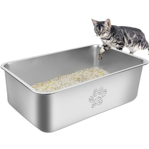 PTLOM Edelstahl Katzenklo, Große Katzentoilette aus Metall, Spritzwassergeschützt und Antihaftbeschichtet, Katzenklo XXL, Geeignet Für Große und Kleine Katzen, Kaninchen，Tabby Pfote，60x40x20cm von PTLOM