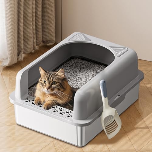 PTLOM Edelstahl Katzenklo, Große Katzentoilette aus XL-Metall mit hoher Wand und Streuschaufel, Spritzwassergeschütztes Katzenklo Mit Deckel, Geeignet Katzen, Kaninchen，60.5x41x31cm von PTLOM