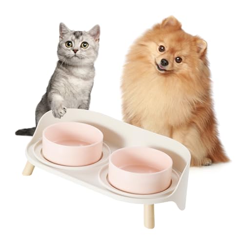 Hundenapf Set Erhöht Hunde Napfset - Doppel Fressnapf Hund Keramik mit Spritzschutz Ständer - Hundenäpfe 2er Set für Futter und Wasser - Futterstation für Kleine Hunde und Katzen - 2 x 300 ml - Rosa von PTOBER