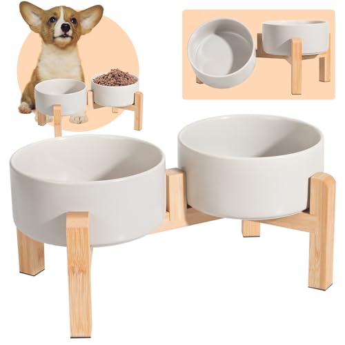 Hundenapf Set Erhöht Hunde Napfset - Doppel Napf Hund Keramik mit rutschfestem Ständer - Erhöhte Futterstation Hund 2er Set für Futter und Wasser - Ideal für kleine und mittelgroße Hunde - 2 x 850 ml von PTOBER