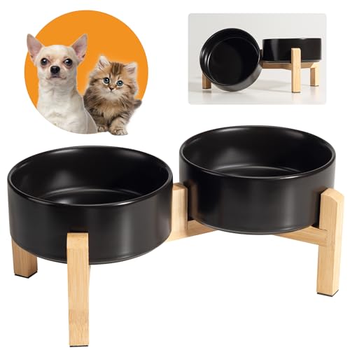 Hundenapf Set Erhöht Hunde Napfset - Doppel Napf Hund Keramik mit rutschfestem Ständer - Futterstation Hund - Hundenäpfe 2er Set für Futter und Wasser - Ideal für Kleine Hunde und Katzen - 2 x 480 ml von PTOBER