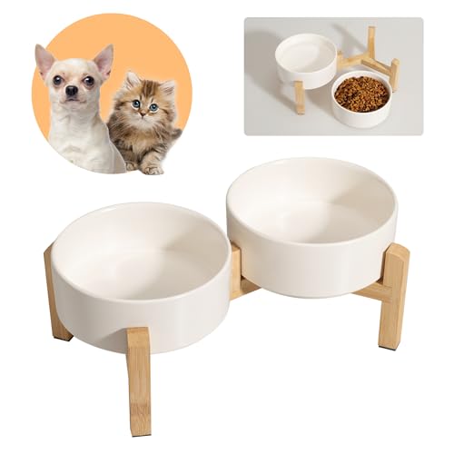 Hundenapf Set Erhöht Hunde Napfset - Doppel Napf Hund Keramik mit rutschfestem Ständer - Futterstation Hund - Hundenäpfe 2er Set für Futter und Wasser - Ideal für Kleine Hunde und Katzen - 2 x 480 ml von PTOBER