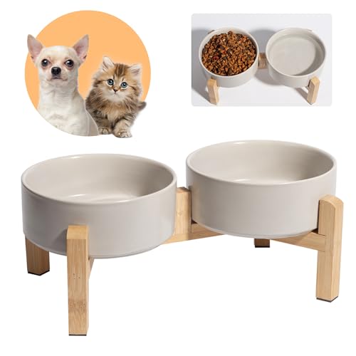 Hundenapf Set Erhöht Hunde Napfset - Doppel Napf Hund Keramik mit rutschfestem Ständer - Futterstation Hund - Hundenäpfe 2er Set für Futter und Wasser - Ideal für Kleine Hunde und Katzen - 2 x 480 ml von PTOBER