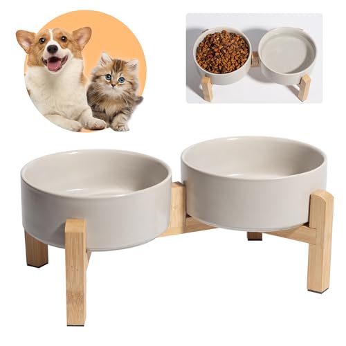 Hundenapf Set Erhöht Hunde Napfset - Doppel Napf Hund Keramik mit rutschfestem Ständer - Futterstation Hund - Hundenäpfe 2er Set für Futter und Wasser - Ideal für Kleine Hunde und Katzen - 2 x 480 ml von PTOBER