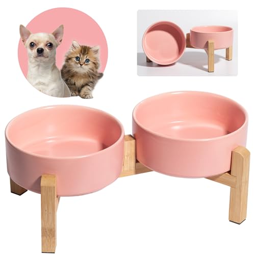 Hundenapf Set Erhöht Hunde Napfset - Doppel Napf Hund Keramik mit rutschfestem Ständer - Futterstation Hund - Hundenäpfe 2er Set für Futter und Wasser - Ideal für Kleine Hunde und Katzen - 2 x 480 ml von PTOBER