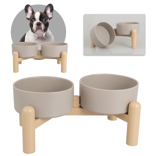 Hundenapf Set Erhöht Hunde Napfset - Doppelnapf Hund Keramik mit Rutschfestem Ständer - Futternapf Hund 2er Set für Futter und Wasser - Ideal für Kleine und Mittelgroße Hunde - 2 x 850 ml - Grau von PTOBER