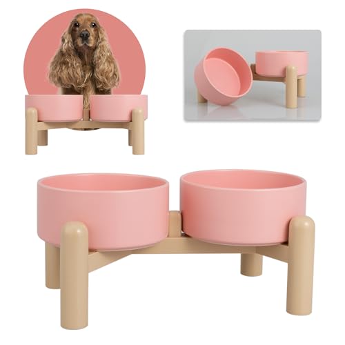 Hundenapf Set Erhöht Hunde Napfset - Doppelnapf Hund Keramik mit Rutschfestem Ständer - Futternapf Hund 2er Set für Futter und Wasser - Ideal für Kleine und Mittelgroße Hunde - 2 x 850 ml - Rosa von PTOBER