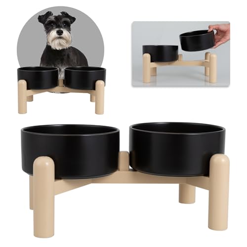 Hundenapf Set Erhöht Hunde Napfset - Doppelnapf Hund Keramik mit Rutschfestem Ständer - Futternapf Hund 2er Set für Futter und Wasser - Ideal für Kleine und Mittelgroße Hunde - 2 x 850 ml - Schwarz von PTOBER