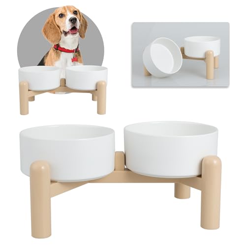 Hundenapf Set Erhöht Hunde Napfset - Doppelnapf Hund Keramik mit Rutschfestem Ständer - Futternapf Hund 2er Set für Futter und Wasser - Ideal für Kleine und Mittelgroße Hunde - 2 x 850 ml - Weiß von PTOBER