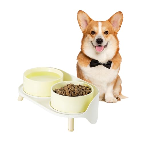 Hundenapf Set Erhöht Hunde Napfset - Doppelnapf Hund Keramik mit Spritzschutz Ständer - Hundenäpfe 2er Set für Futter und Wasser - Futterstation für Kleine und Mittelgroße Hunde - 2 x 650 ml - Gelb von PTOBER