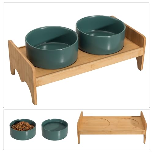 Hundenapf Set Erhöht Hunde Napfset - Hundenäpfe 2er Set mit Bambusständer - Doppelnapf Hund Keramik für Futter und Wasser - Futterstation Hund - Ideal für kleine und mittelgroße Hunde - 2 x 850 ml von PTOBER