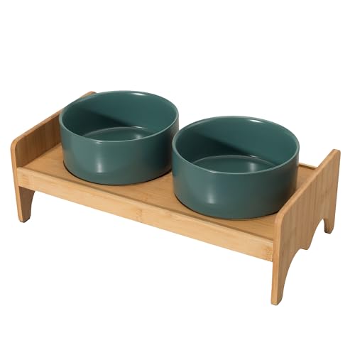 Hundenapf Set Erhöht Hunde Napfset - Hundenäpfe 2er Set mit Bambusständer - Doppelnapf Hund Keramik für Futter und Wasser - Futterstation Hund - Ideal für kleine und mittelgroße Hunde - 2 x 850 ml von PTOBER