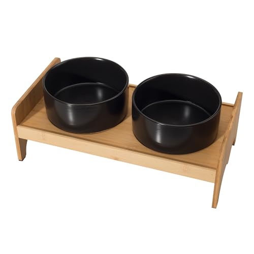 Hundenapf Set Erhöht Hunde Napfset - Hundenäpfe 2er Set mit Bambusständer - Doppelnapf Hund Keramik für Futter und Wasser - Futterstation Hund - Ideal für kleine und mittelgroße Hunde - 2 x 850 ml von PTOBER