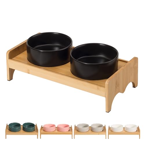 Hundenapf Set Erhöht Hunde Napfset - Hundenäpfe 2er Set mit Bambusständer - Doppelnapf Hund Keramik für Futter und Wasser - Futterstation Hund Klein - Ideal für Kleine Hunde und Katzen - 2 x 480 ml von PTOBER