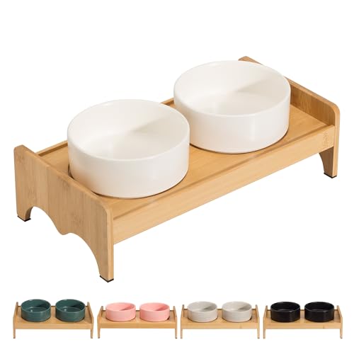 Hundenapf Set Erhöht Hunde Napfset - Hundenäpfe 2er Set mit Bambusständer - Doppelnapf Hund Keramik für Futter und Wasser - Futterstation Hund Klein - Ideal für Kleine Hunde und Katzen - 2 x 480 ml von PTOBER