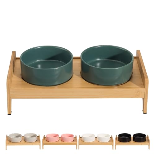 Hundenapf Set Erhöht Hunde Napfset - Hundenäpfe 2er Set mit Bambusständer - Doppelnapf Hund Keramik für Futter und Wasser - Futterstation Hund Klein - Ideal für Kleine Hunde und Katzen - 2 x 480 ml von PTOBER