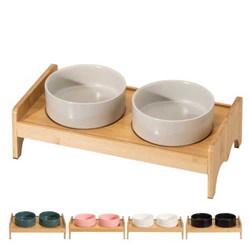 Hundenapf Set Erhöht Hunde Napfset - Hundenäpfe 2er Set mit Bambusständer - Doppelnapf Hund Keramik für Futter und Wasser - Futterstation Hund Klein - Ideal für Kleine Hunde und Katzen - 2 x 480 ml von PTOBER