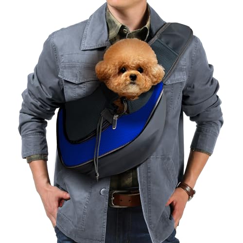 PUCEWMY Pet Dog Sling Carrier, Breathable Mesh Adjustable Puppy Sling Carrier Hand Free for Small Medium Dog Cat Rabbit, L, Blue von PUCEWMY