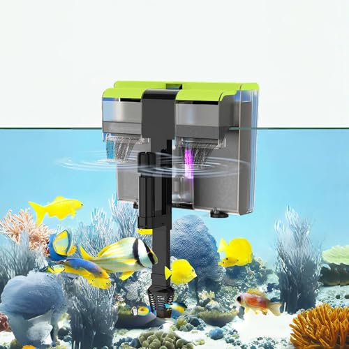 PUEUTU Aquariumfilter für 30-70 Gallonen Tank – 4-in-1 Doppel-Wasserfall-U-V-Fischtankfilter für grünes Wasser und Algenreinigung, 8 W, leiser Hängefilter für Salzwasser, Süßwasser, einstellbarer von PUEUTU