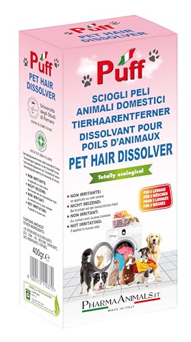 Puff Additiv für Waschmaschine, entfernt Haare von Hund, Katze, Pferd – 400 g, umweltfreundlich und dermatologisch getestet, desinfiziert und beseitigt Gerüche – optimale Verwendung bei 70 °C von Puff