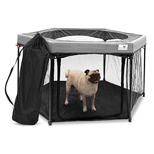 PUGEBO Grauer Hunde-Laufstall für große Hunde + Tragetasche – tragbarer Hundezaun für Camping und Training, faltbar, 7 m² bis 34.4 m² (66 cm hoch), Hundegehege für drinnen und draußen von PUGEBO