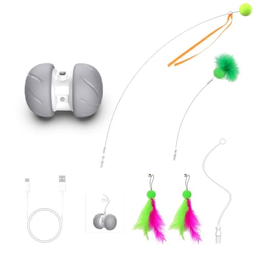 PUHOHUN Interaktives Katzenspielzeug, Elektrisches Automatisches Spielzeug für Hauskatzen Erwachsene, Bewegende Katzenspielzeugkugel mit 2 Stück Hängenden Feder-Schnur-Bändern (Light Grey) von PUHOHUN