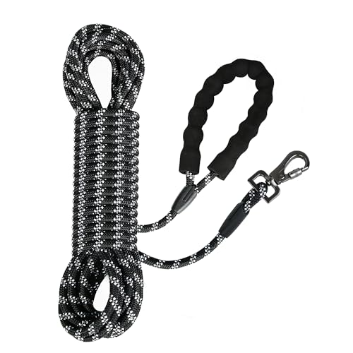 Schleppleine für Hunde, Reflektierende Schleppleine 15m - Trainingsleine für alle Hundegrößen, Komfort-Handschlaufe, 360° Karabiner(Schwarz, 10m) von PUHOHUN