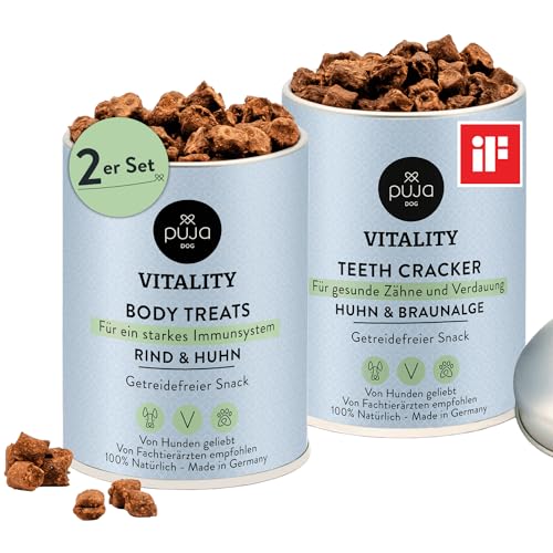 PUJA Hundesnack getreidefrei, Doppelt fit mit Vitality Teeth + Vitality Body für Hunde im Bundle - gesunde Zähne und Immunsystem Booster 2x150g, Leckerlis klein für Belohnung und Training von PUJA