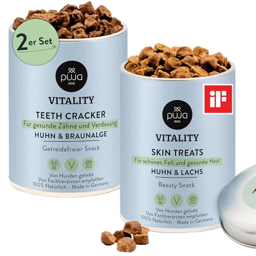 PUJA Hundesnack Doppelt fit 2x150g Vitality Teeth + Vitality Skin für Hunde im Bundle - gesunde Zähne & glänzendes Fell, Leckerlis für Belohnung & Training von PUJA