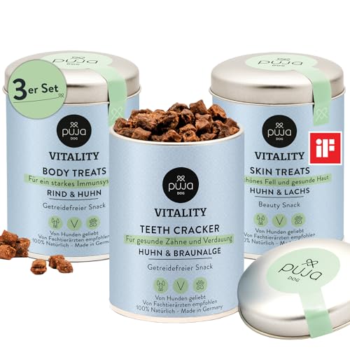 PUJA Hundesnacks Dreifach fit 3x150g Vitality Teeth + Vitality Skin + Vitality Body im Bundle - gesunde Zähne, glänzendes Fell & Vitamine für Hunde, Leckerlis fürs Training von PUJA