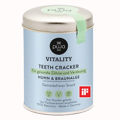 PUJA Hundesnack getreidefrei, für gesunde Zähne, Verdauung & frischen Atem, Monatsration Leckerlis klein für Belohnung und Training, Huhn & Braunalge, frei von Zusatzstoffen, reich an Omega-3, 150 g von PUJA