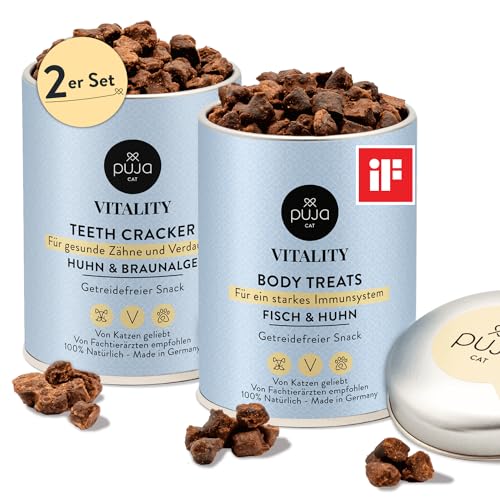 PUJA Katzensnack getreidefrei Doppelt fit 2x150g Vitality Teeth + Vitality Body für Katzen - gesunde Zähne &Immunsystem Booster, Leckerlis klein für Belohnung, Training & Spiel von PUJA