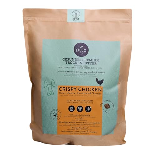 PUJA Premium Trockenfutter Crispy Chicken für Hunde 2,5kg – Hochverträglich mit viel Huhn, Banane, Kartoffeln & Thymian - wiederverschließbarer Genussbeutel I Angenehmer Geruch von PUJA