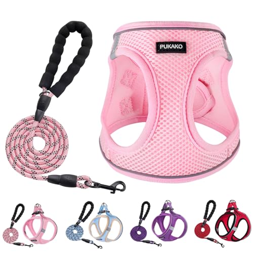 PUKAKO Welpengeschirr und Leine, Set aus Hundegeschirr und Leine, Step-in-Small Size Geschirr mit weichem Mesh und reflektierenden Bändern für extra kleine/kleine Hunde, Rosa, XS von PUKAKO