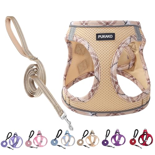 PUKAKO Welpengeschirr und Leine, Set für kleine Hunde und Leine, Step-in-Small Size Geschirr mit weichem Mesh und reflektierenden Bändern für extra kleine/kleine Hunde, Khaki, M von PUKAKO