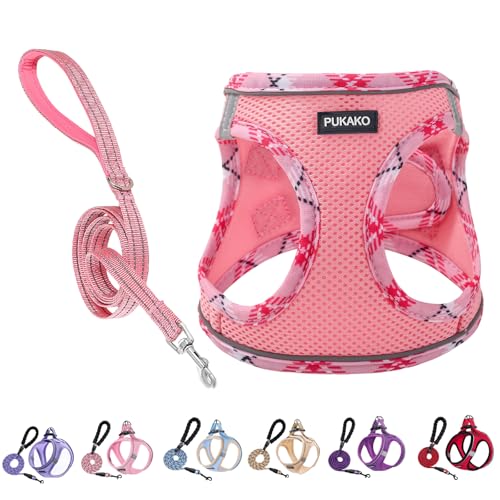 PUKAKO Welpengeschirr und Leine, Set für kleine Hunde und Leine, mit weichem Mesh und reflektierenden Bändern, für extra kleine/kleine Hunde, Rosa, M von PUKAKO