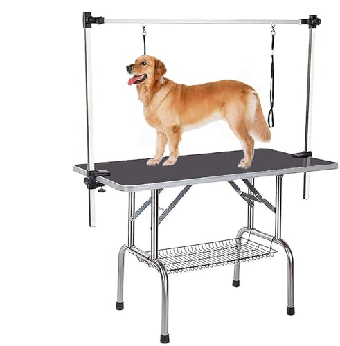 PULLAFUN Professioneller Fellpflegetisch für Hunde, 91,4 cm, robust, verstellbar, mit Überkopfarm, Zwei Fellpflege-Schlingen-Tabletts (Schwarz, 91,4 cm) von PULLAFUN