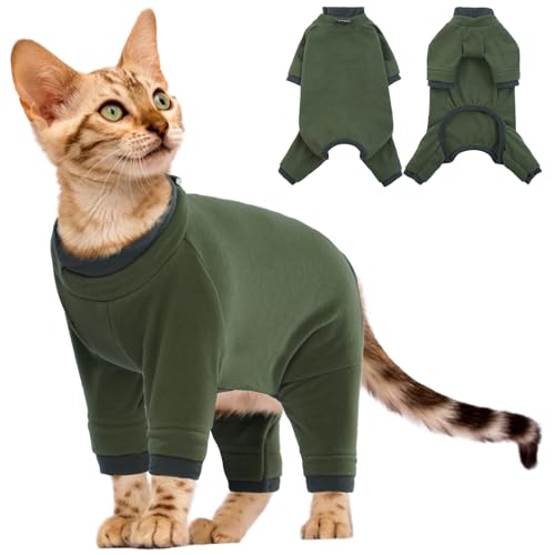 Fleece Katzenpullover, Katze Mantel Weiche Warm Winter Kleidung Katzen-Pyjama Overall Rollkragen Kaltwettermäntel Herbst und Winter Kätzchenkleidung(ArmeeGrün, M) von PUMYPOREITY