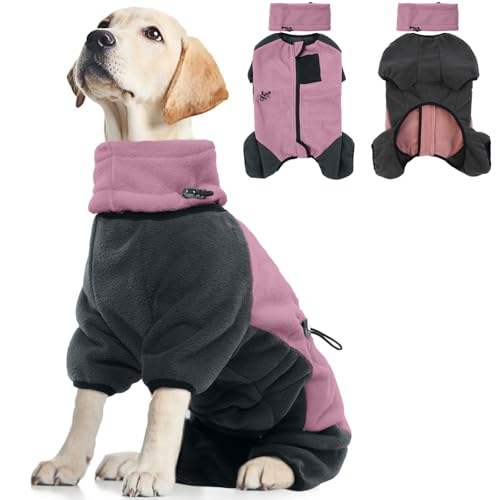 Fleece-Weste Hund, Warmer Hundepullover Abnehmbarer Rollkragen & Reißverschluss für Mittlere Hunde Sweatshirt Jumpsuit Hund Onesie Haustier Pyjama mit Tasche Dog Jumper Overall(Rosa, L) von PUMYPOREITY