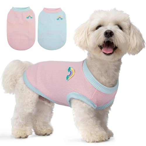 Hunde-Shirt, Waffelmuster, Hundekleidung für kleine Hunde, Jungen, Mädchen, Katzenkleidung, weiches Welpen-Outfit, Rosa + Blau, Größe S von PUMYPOREITY