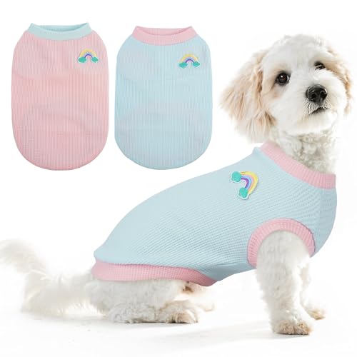 Hunde-Shirt, Waffelmuster, für kleine Hunde, Jungen, Mädchen, Katzenkleidung, weiches Welpen-Outfit, Rosa + Blau, Größe L von PUMYPOREITY