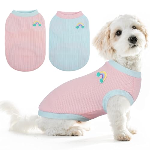 Hunde-Shirt, Waffelmuster, für kleine Hunde, Jungen, Mädchen, Katzenkleidung, weiches Welpen-Outfit, Rosa + Blau, Größe M von PUMYPOREITY