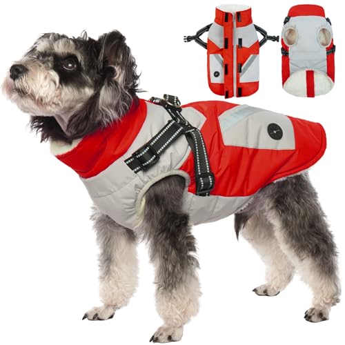 Hundejacke mit Geschirr, Hunde Wintermantel mit Geschirr Hundepullover Mittelgroße Hunde Hundemantel Warm Wasserdicht(Rot, M) von PUMYPOREITY