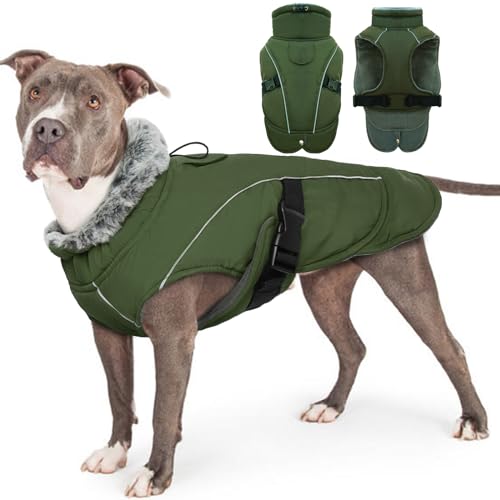 Hundemantel Winter, Wasserdicht Hundejacken Große Hunde Weste Winddicht Hundejacke Warm Fleece Hunde Bekleidung Winterjacken mit Leine Loch(Armeegrün, 3XL) von PUMYPOREITY