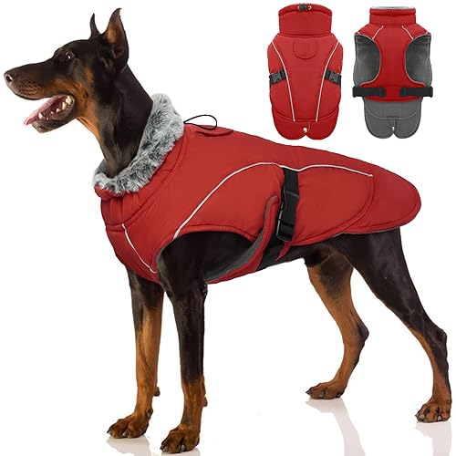 Hundejacke Wasserdicht, Hundemantel Fleece Gefüttert Warme Hundeweste Winterjacke Hunde Bekleidung Winddichter Mäntel mit Reflexstreifen für Winter(Rot, L) von PUMYPOREITY