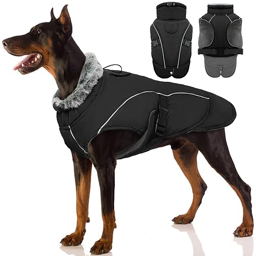 Hundejacke Wasserdicht, Hundemantel Fleece Gefüttert Warme Hundeweste Winterjacke Hunde Bekleidung Winddichter mit Reflexstreifen für Winter(Schwarz, XL) von PUMYPOREITY